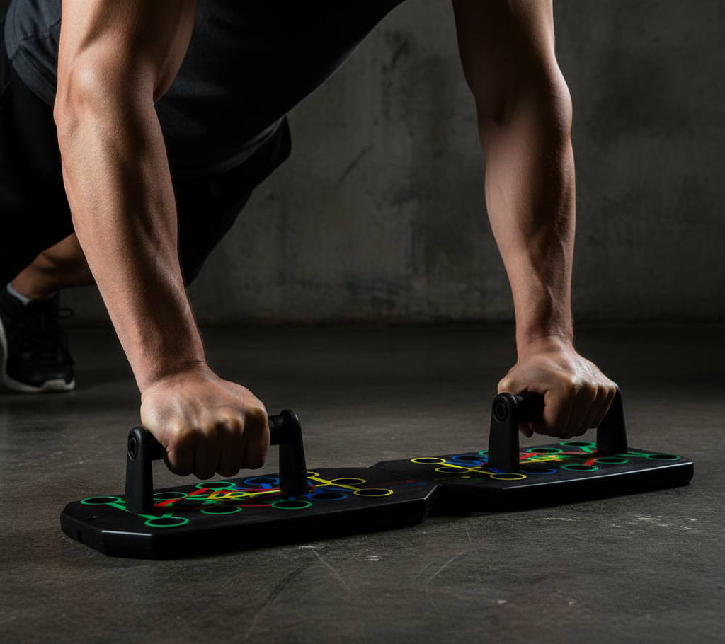 Flexora push-up board system with multiple grip positions and color-coded zones for targeted upper body workouts.
