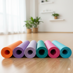 Flexora eco-friendly yoga mat with textured surface, rolled up for display, showcasing sustainable design and comfortable grip.