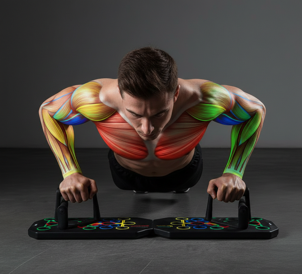Flexora push-up board system with multiple grip positions and colorful workout zones for upper body strength training.