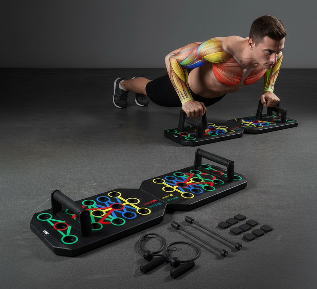 Flexora push-up board system with adjustable positions and colorful grips for versatile home workouts.