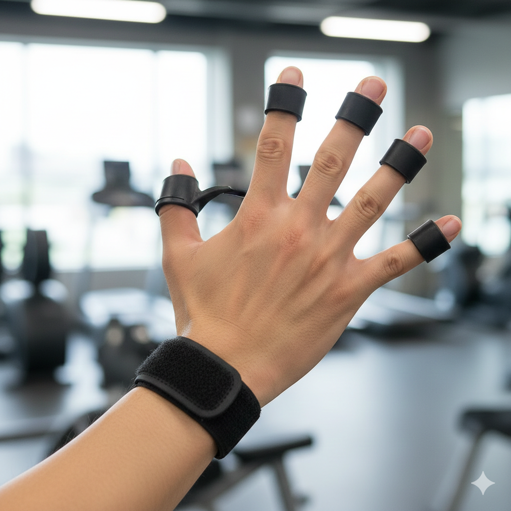 Flexora adjustable hand gripper with 5-60kg grip strength for hand and forearm exercise, shown in use.