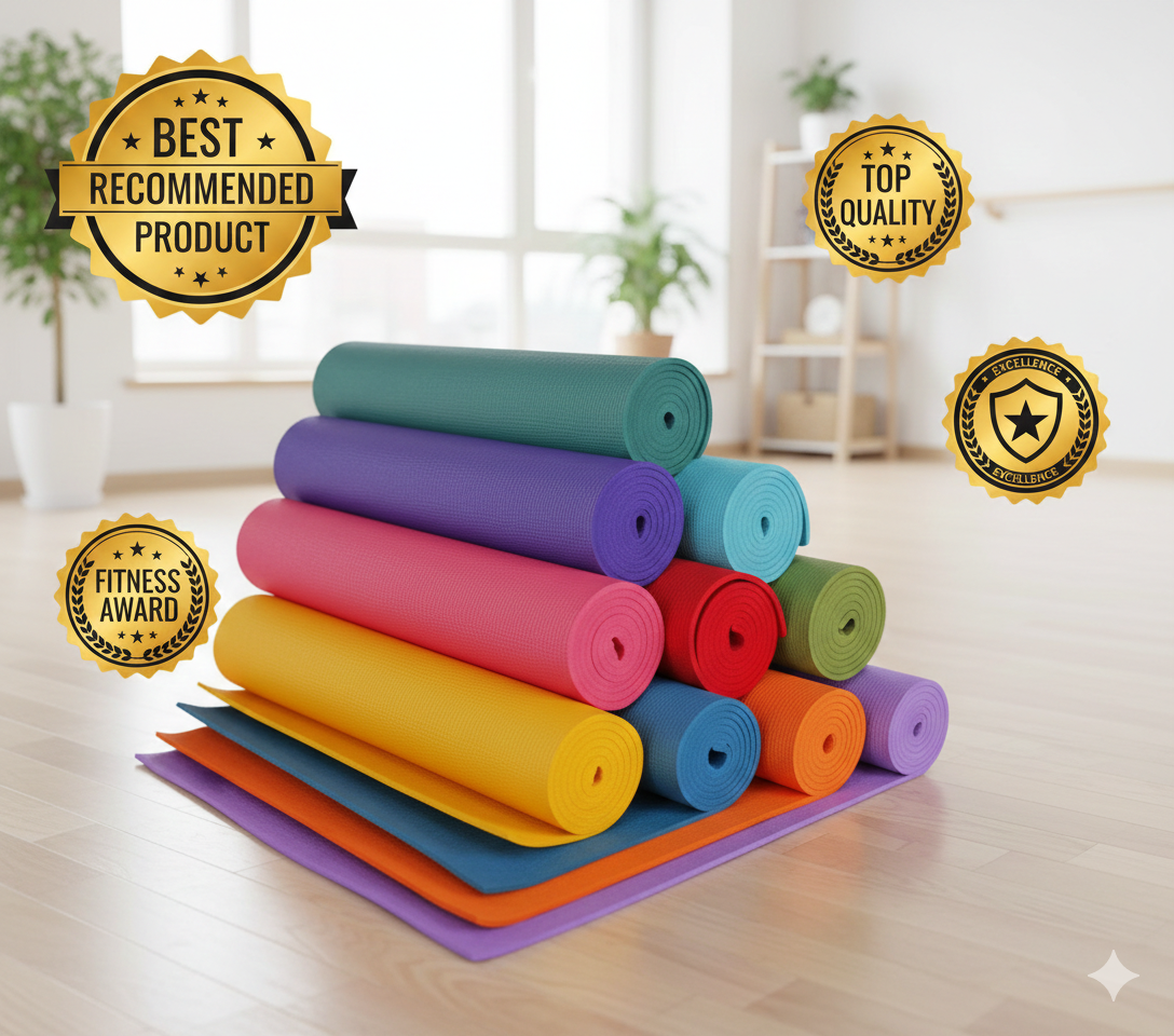 Flexora Eco-Friendly Yoga Mat laid out on a wooden floor, showcasing its textured surface and sustainable materials.