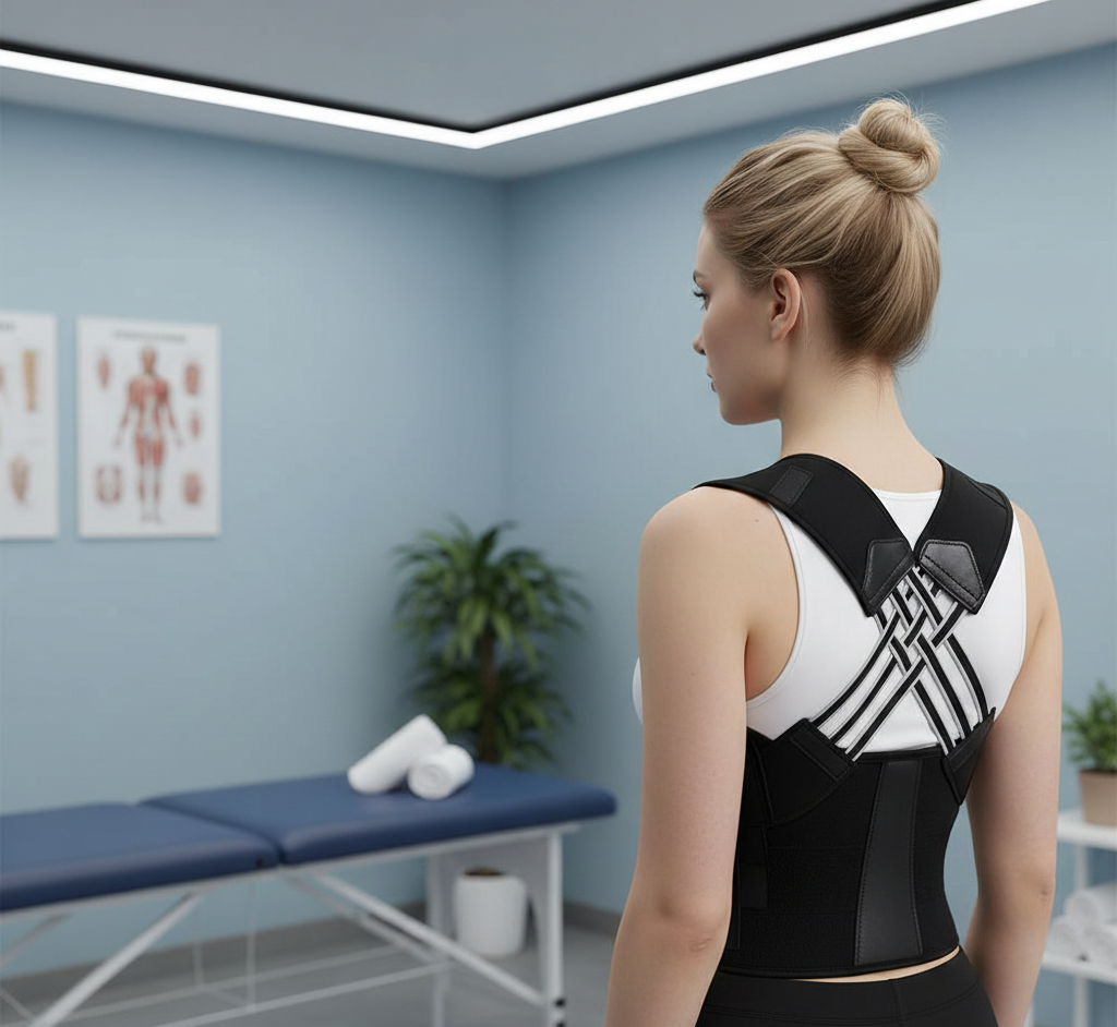 Flexora X-Back Posture Corrector worn over shoulders, designed to improve posture and align the back naturally.