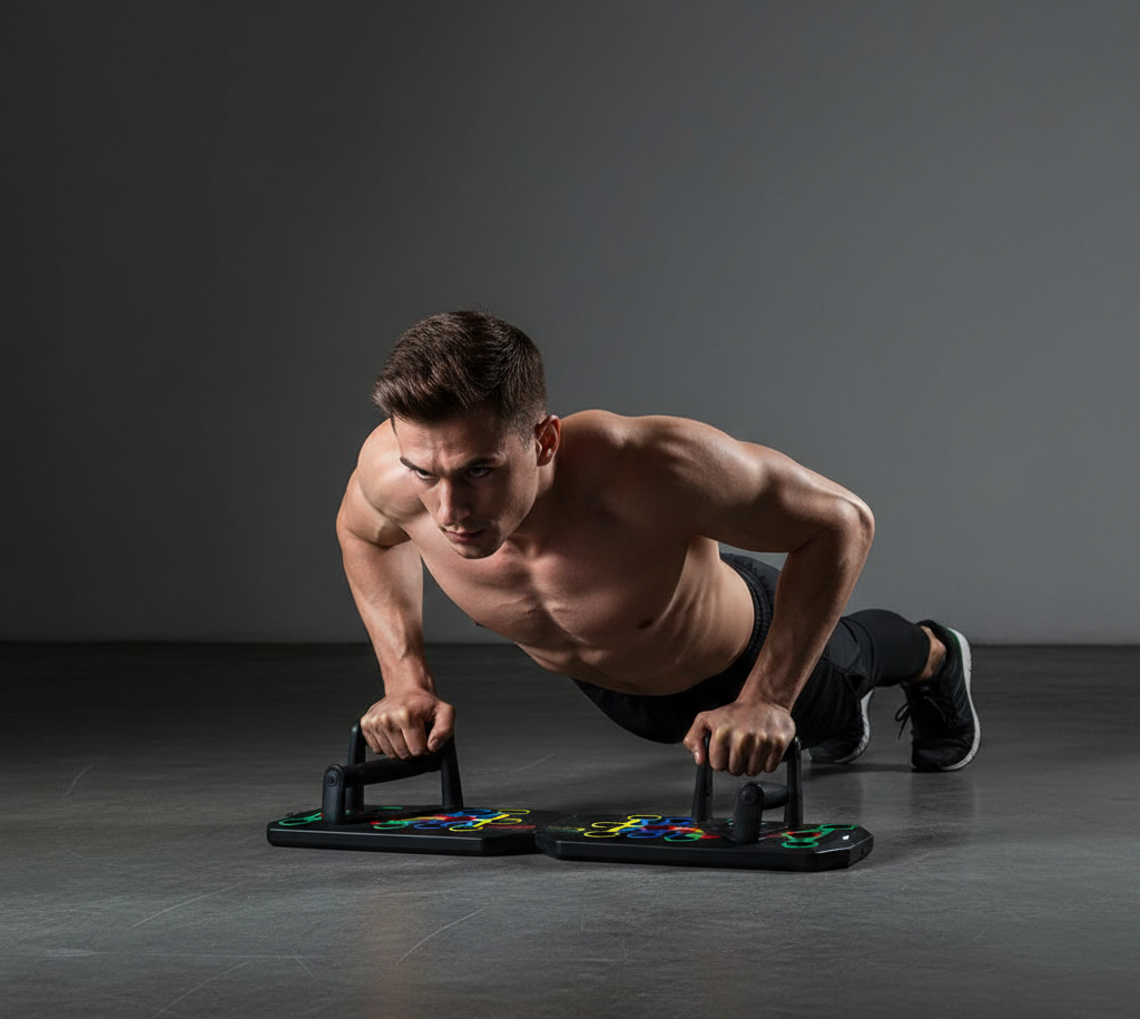 Flexora push-up board system with multiple grip positions for full upper body workout, shown in the image.