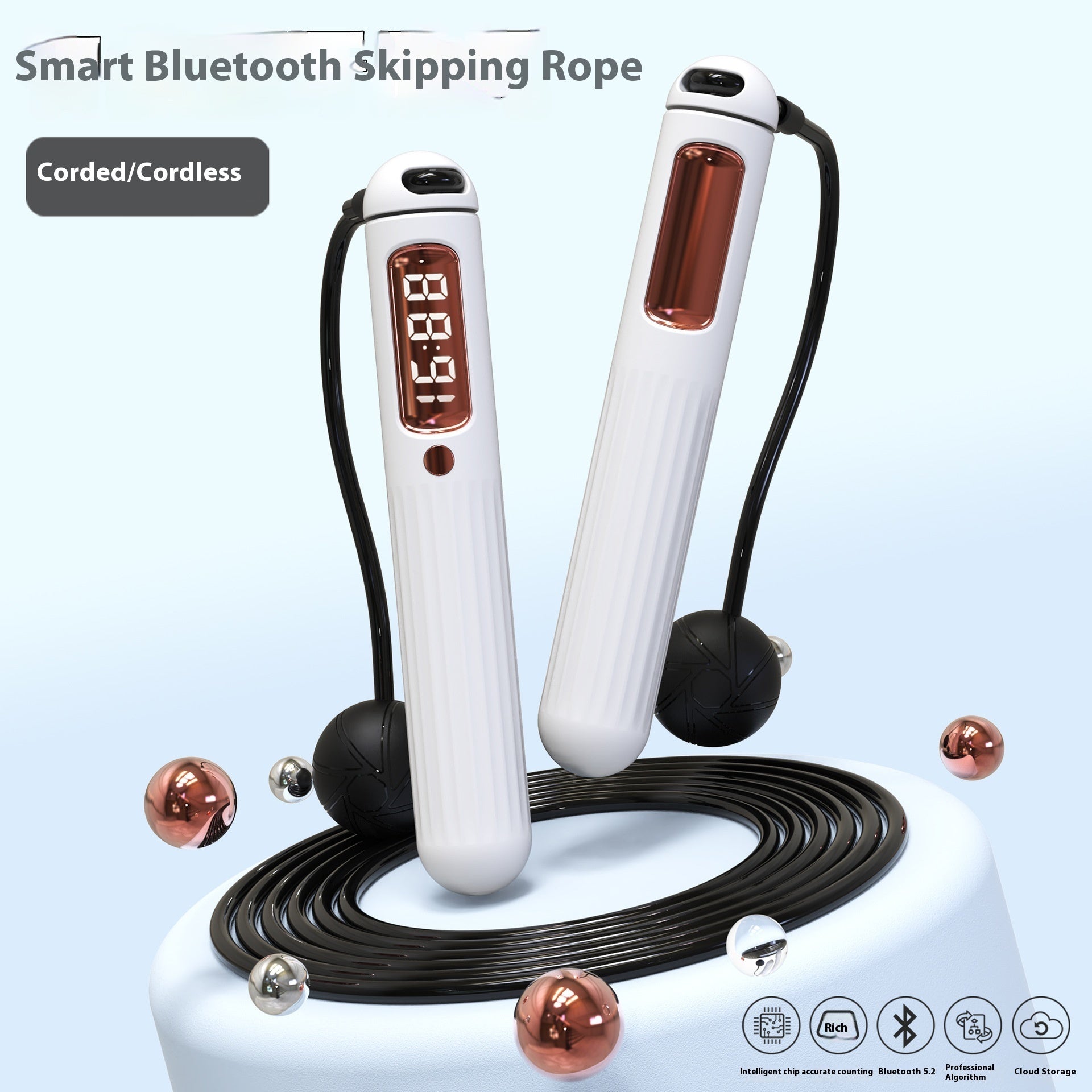 Flexora Smart Bluetooth Cordless Battle Rope for skipping, featuring a sleek design and digital display for tracking workout progress.